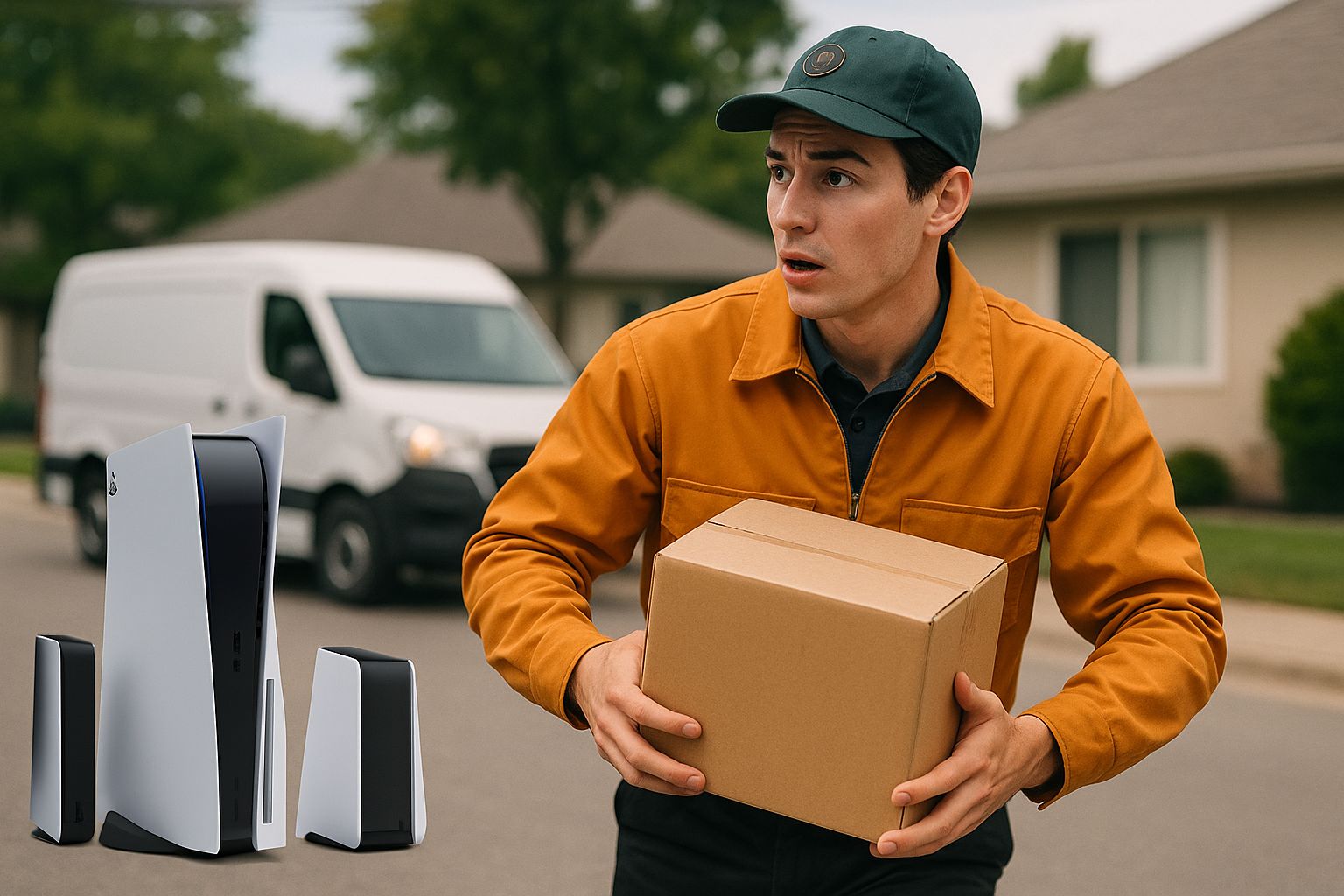 En postbud bär en stor kartong med en bild av en spelkonsol på framsidan.